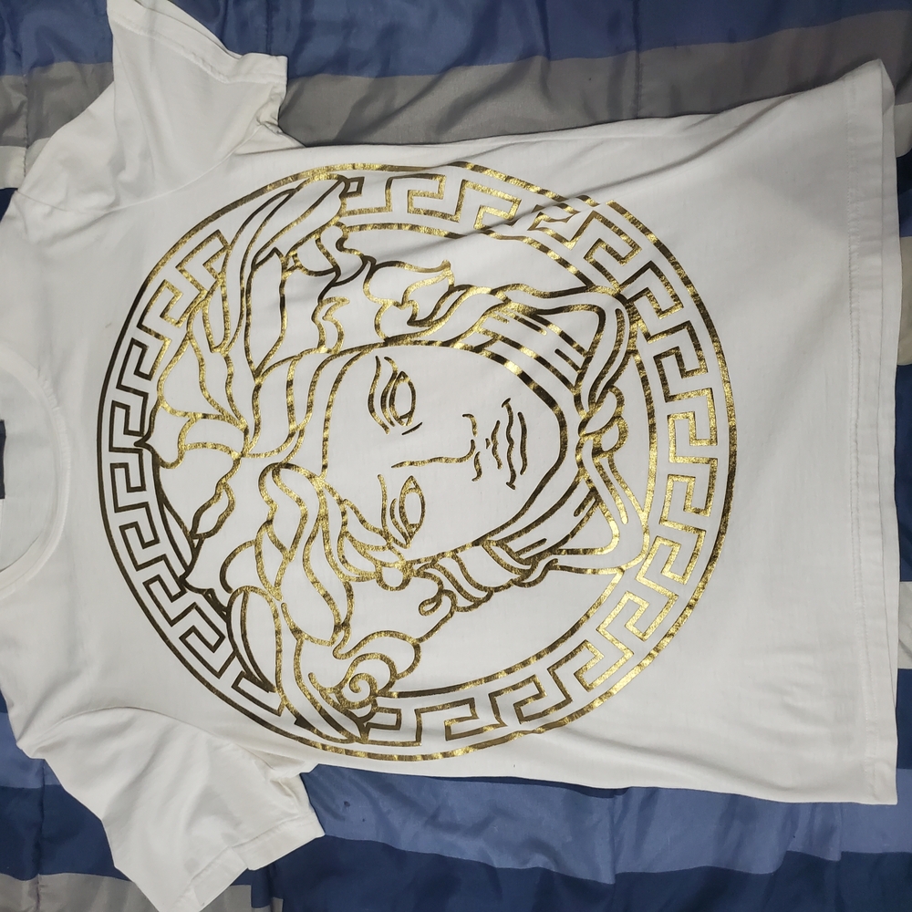 XL Versace White T-Shirt with Gold Medusa Print But Fits Like LARGE